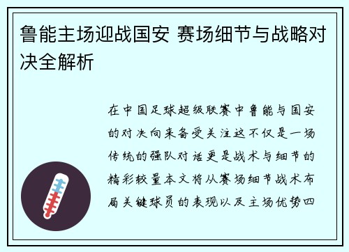 鲁能主场迎战国安 赛场细节与战略对决全解析
