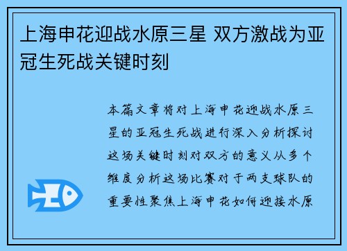 上海申花迎战水原三星 双方激战为亚冠生死战关键时刻